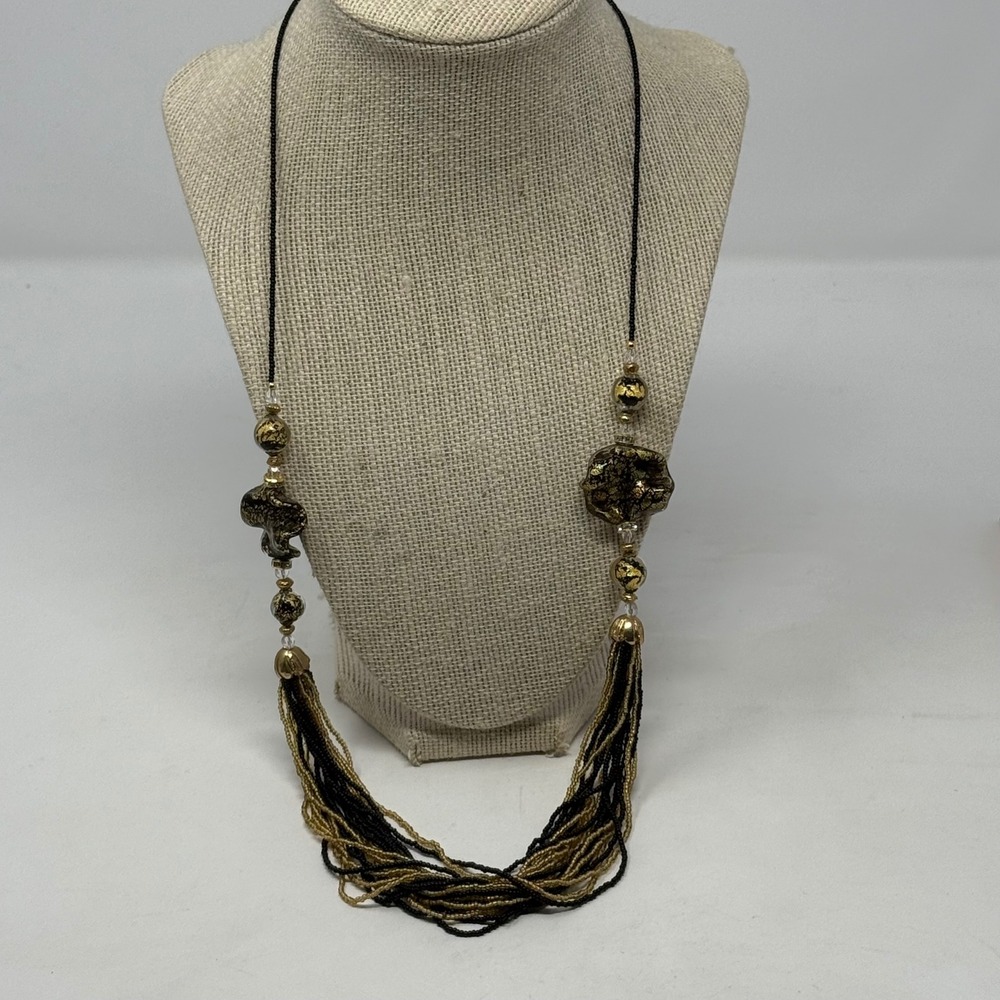 Black Gold Multi Strand‎ Seed Bead Statement Necklace Art Glass Foil Accents
